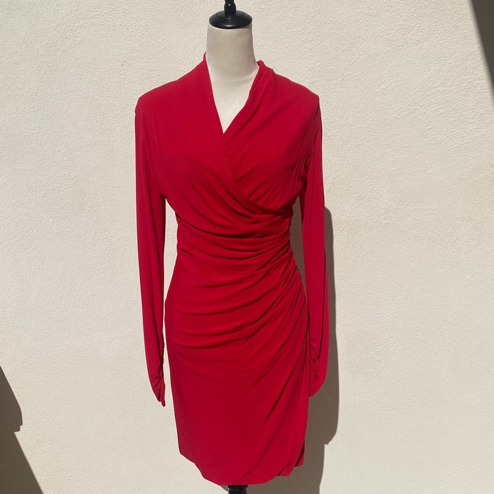 Melinda Eng Vibrant Red  Jersey Long Sleeve Dress . Feminine and flattering